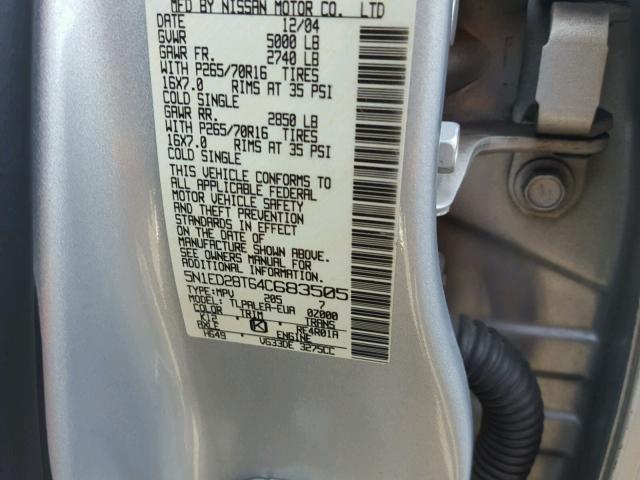 5N1ED28T64C683505 - 2004 NISSAN XTERRA XE SILVER photo 10