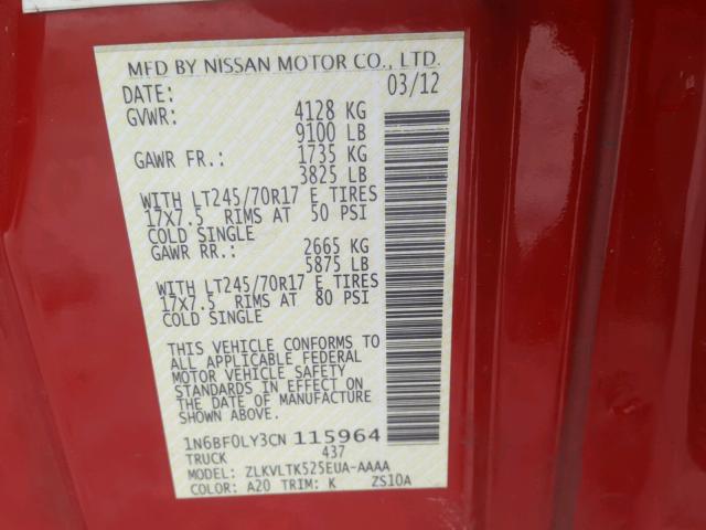 1N6BF0LY3CN115964 - 2012 NISSAN NV 2500 RED photo 10