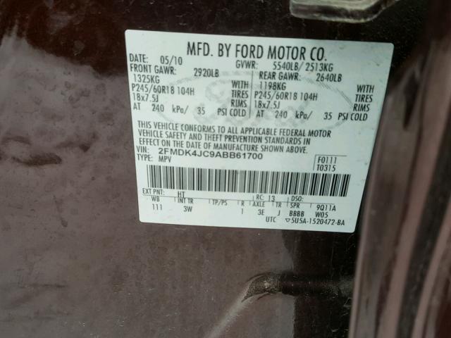 2FMDK4JC9ABB61700 - 2010 FORD EDGE SEL BURGUNDY photo 10