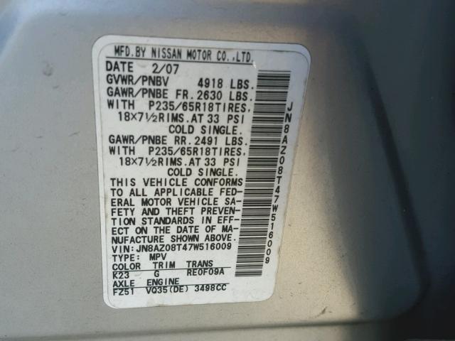 JN8AZ08T47W516009 - 2007 NISSAN MURANO SL SILVER photo 10