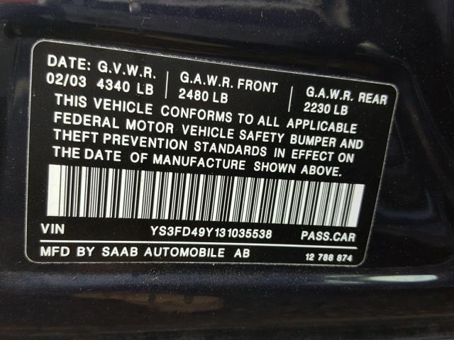 YS3FD49Y131035538 - 2003 SAAB 9-3 ARC BLUE photo 10