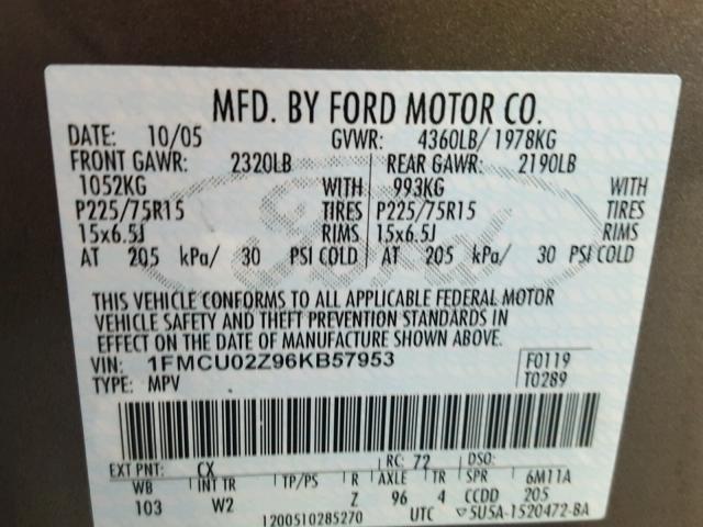 1FMCU02Z96KB57953 - 2006 FORD ESCAPE XLS GRAY photo 10