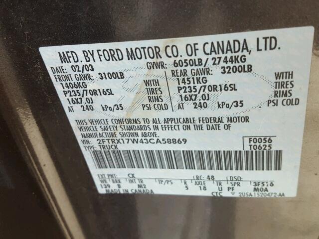 2FTRX17W43CA58869 - 2003 FORD F150 GRAY photo 10