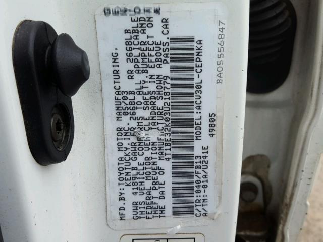 4T1BE32K03U218779 - 2003 TOYOTA CAMRY LE WHITE photo 10