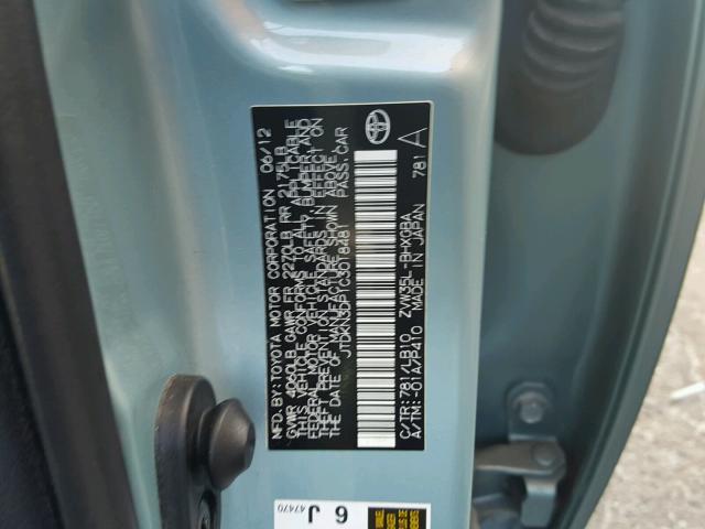 JTDKN3DP1C3018481 - 2012 TOYOTA PRIUS PLUG GREEN photo 10