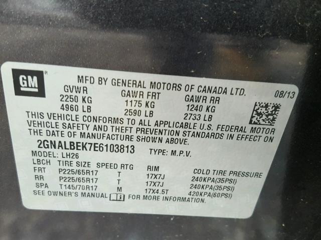 2GNALBEK7E6103813 - 2014 CHEVROLET EQUINOX LT GRAY photo 10