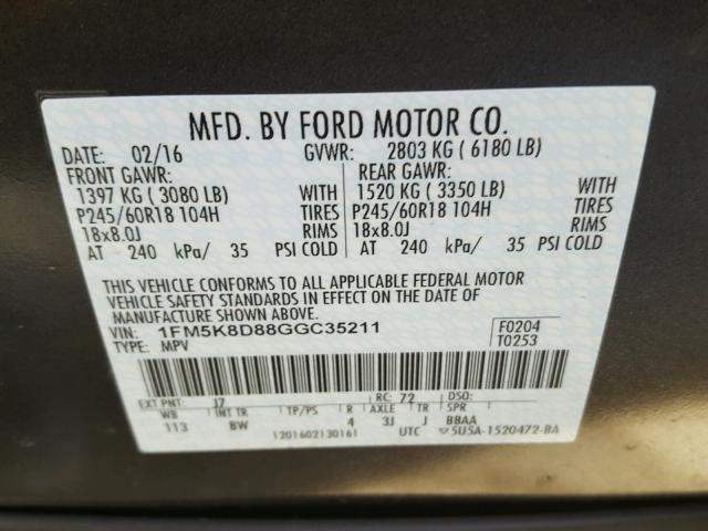 1FM5K8D88GGC35211 - 2016 FORD EXPLORER X CHARCOAL photo 10
