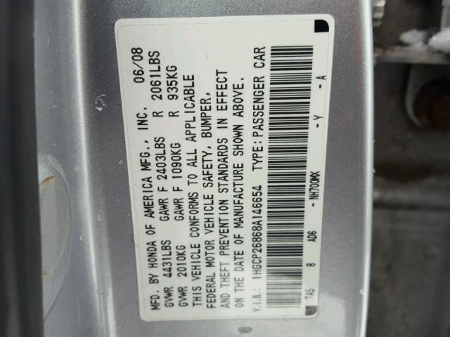 1HGCP26868A146654 - 2008 HONDA ACCORD EXL SILVER photo 10