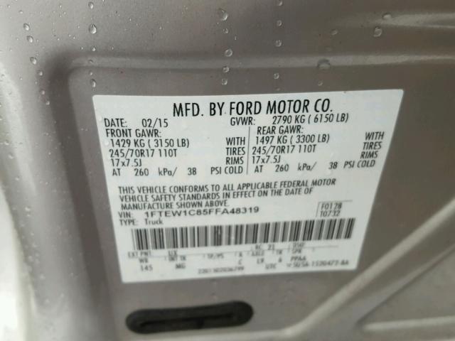 1FTEW1C85FFA48319 - 2015 FORD F150 SUPER SILVER photo 10