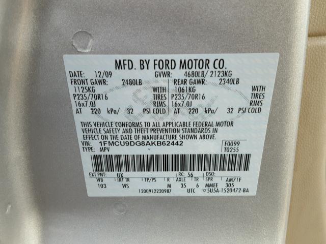 1FMCU9DG8AKB62442 - 2010 FORD ESCAPE XLT SILVER photo 10