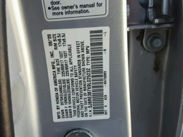 5J6RE387X9L025232 - 2009 HONDA CR-V EXL SILVER photo 10