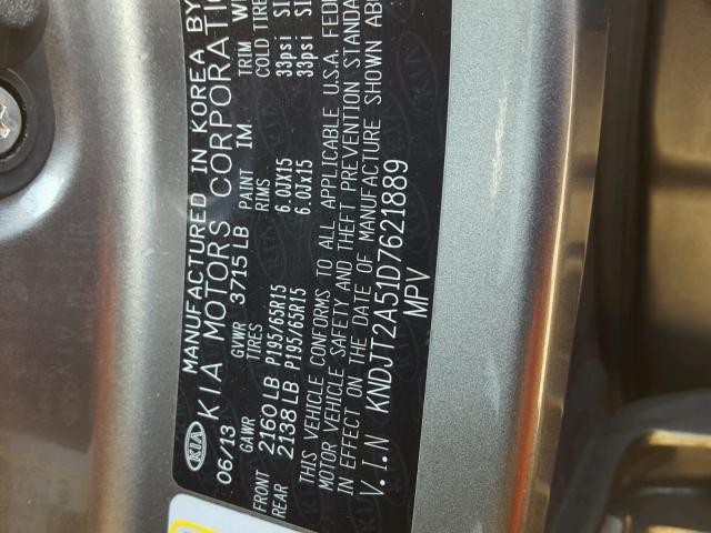 KNDJT2A51D7621889 - 2013 KIA SOUL GRAY photo 10