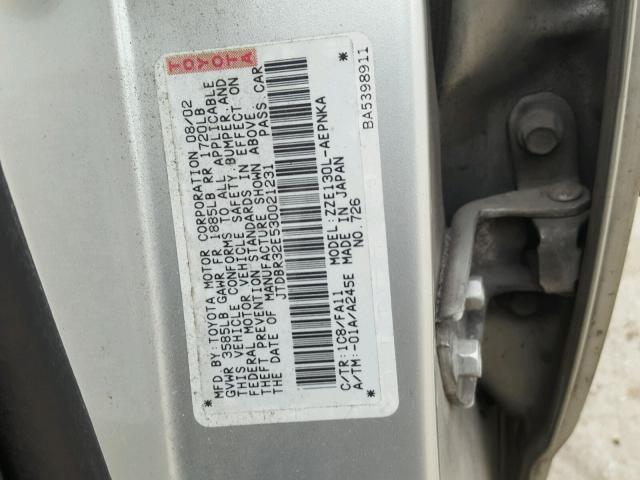 JTDBR32E530021231 - 2003 TOYOTA COROLLA CE SILVER photo 10