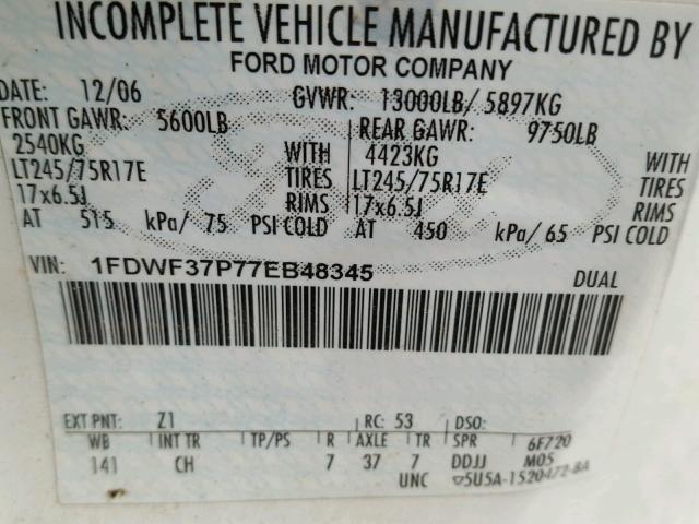 1FDWF37P77EB48345 - 2007 FORD F350 SUPER WHITE photo 10