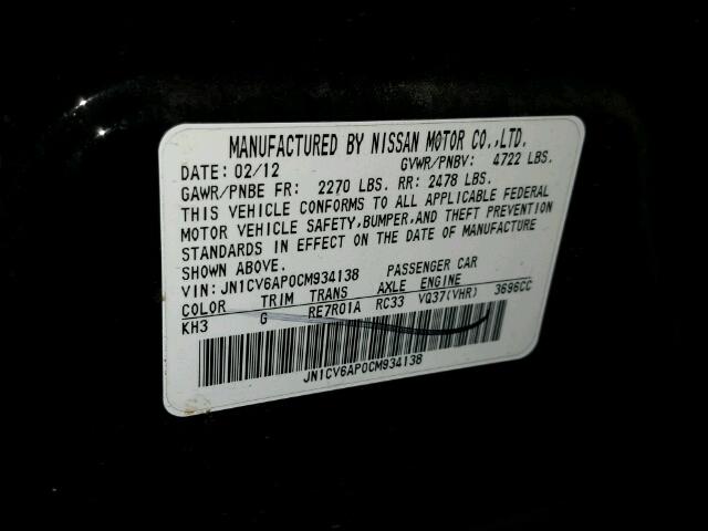 JN1CV6AP0CM934138 - 2012 INFINITI G37 BASE BLACK photo 10