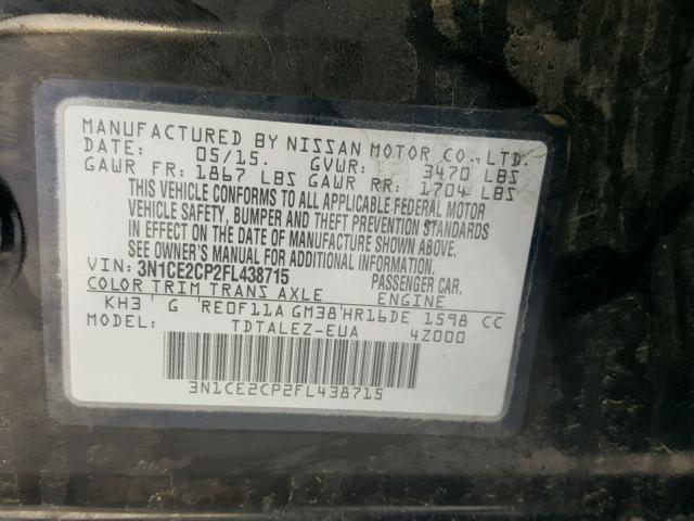 3N1CE2CP2FL438715 - 2015 NISSAN VERSA NOTE BLACK photo 10