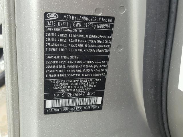 SALSH2E49BA714031 - 2011 LAND ROVER RANGE ROVE SILVER photo 10