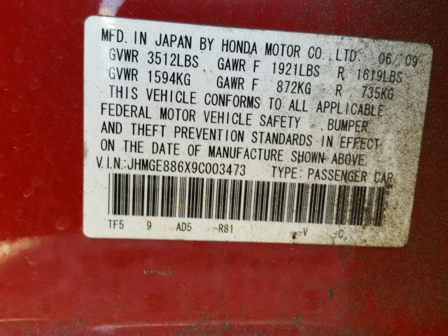 JHMGE886X9C003473 - 2009 HONDA FIT SPORT RED photo 10