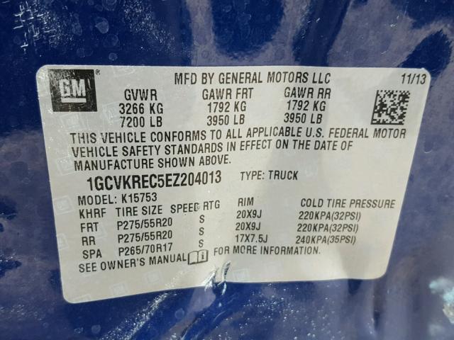 1GCVKREC5EZ204013 - 2014 CHEVROLET SILVERADO BLUE photo 10