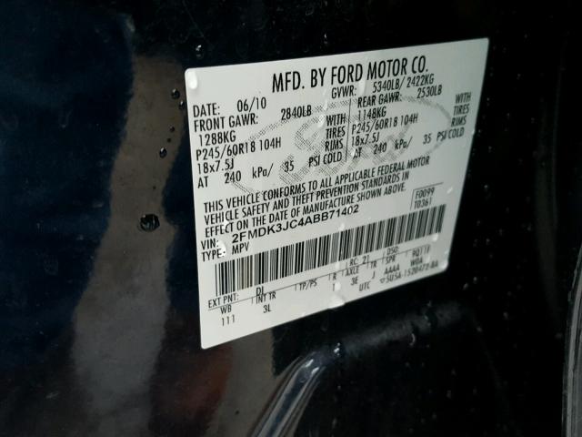 2FMDK3JC4ABB71402 - 2010 FORD EDGE SEL BLUE photo 10