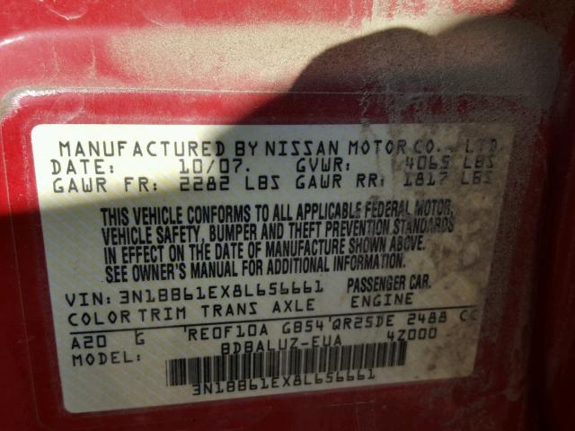 3N1BB61EX8L656661 - 2008 NISSAN SENTRA SE- RED photo 10