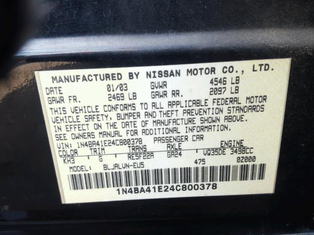 1N4BA41E24C800378 - 2004 NISSAN MAXIMA SE BLACK photo 10