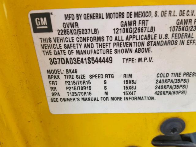 3G7DA03E41S544449 - 2001 PONTIAC AZTEK YELLOW photo 10