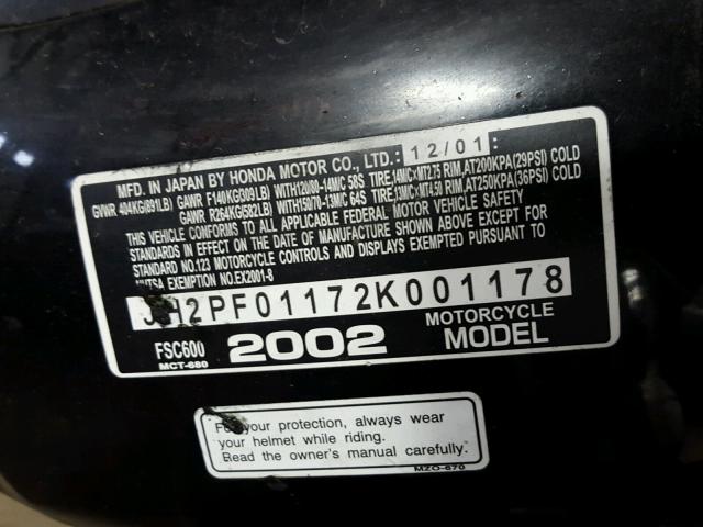 JH2PF01172K001178 - 2002 HONDA FSC600 BLACK photo 10