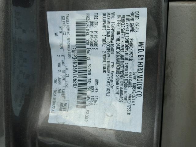 1FAFP34N36W106807 - 2006 FORD FOCUS ZX4 BLACK photo 10