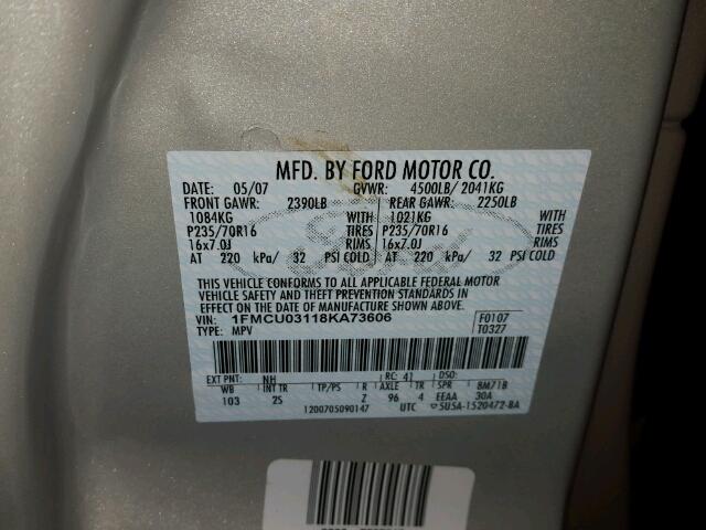 1FMCU03118KA73606 - 2008 FORD ESCAPE XLT TAN photo 10