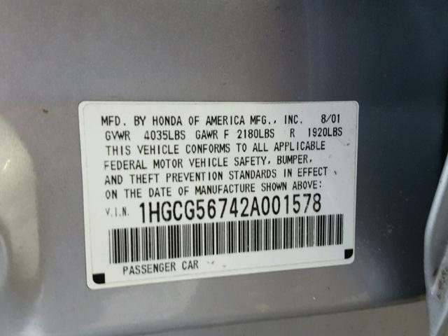 1HGCG56742A001578 - 2002 HONDA ACCORD SE SILVER photo 10