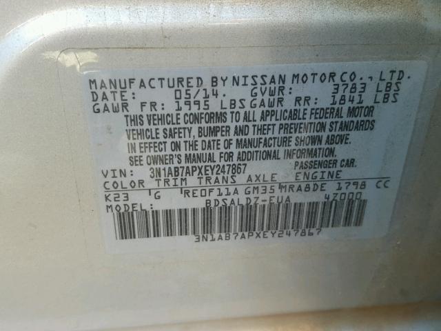 3N1AB7APXEY247867 - 2014 NISSAN SENTRA S SILVER photo 10