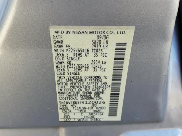 5N1BV28U57N120026 - 2007 NISSAN QUEST S GRAY photo 10