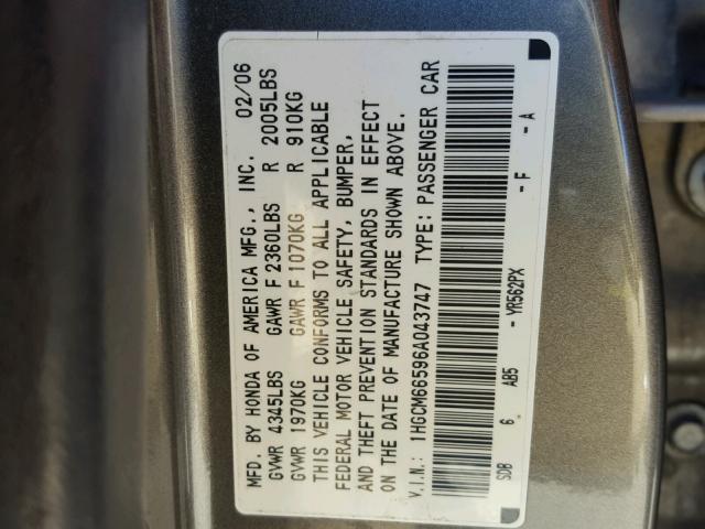 1HGCM66596A043747 - 2006 HONDA ACCORD EX SILVER photo 10