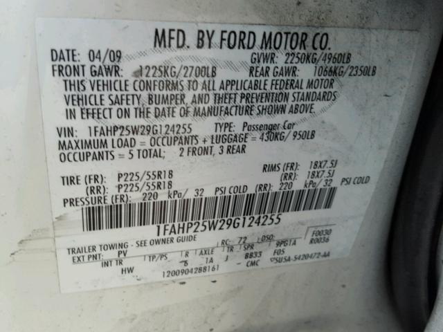 1FAHP25W29G124255 - 2009 FORD TAURUS LIM WHITE photo 10