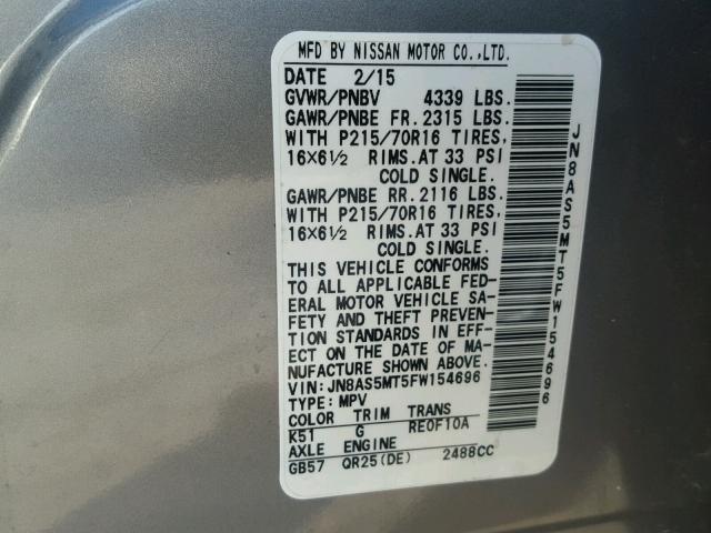 JN8AS5MT5FW154696 - 2015 NISSAN ROGUE SELE GRAY photo 10