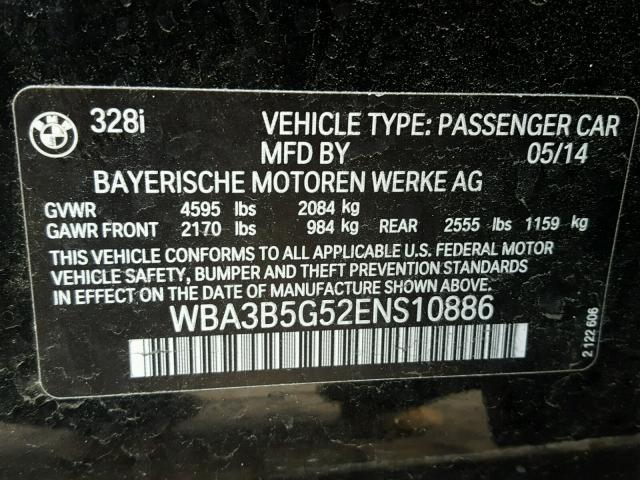 WBA3B5G52ENS10886 - 2014 BMW 328 XI SUL BLACK photo 10