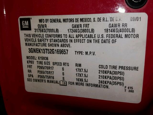 3GNEK13T52G169657 - 2002 CHEVROLET AVALANCHE RED photo 10