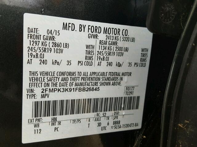 2FMPK3K91FBB26845 - 2015 FORD EDGE TITAN GREEN photo 10