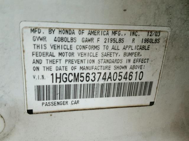 1HGCM56374A054610 - 2004 HONDA ACCORD LX WHITE photo 10