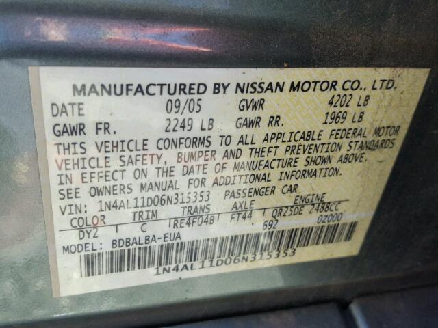 1N4AL11D06N315353 - 2006 NISSAN ALTIMA S GREEN photo 10