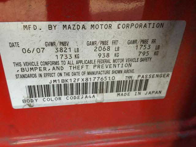 JM1BK12FX81776510 - 2008 MAZDA 3 I RED photo 10