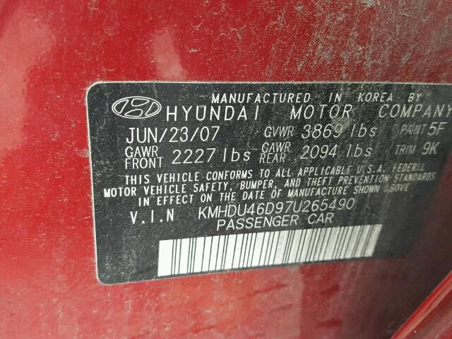 KMHDU46D97U265490 - 2007 HYUNDAI ELANTRA GL RED photo 10