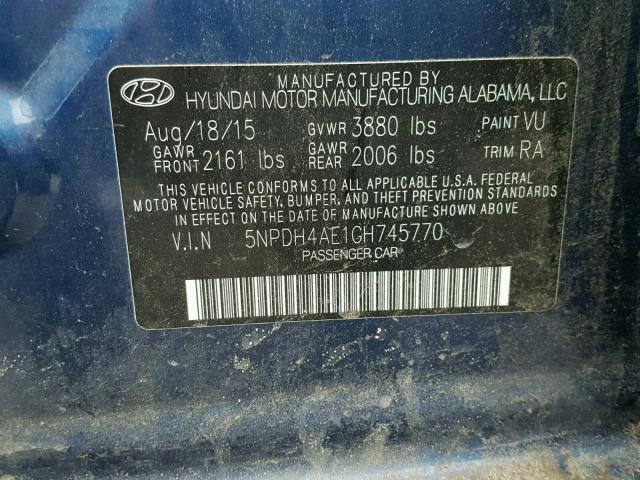 5NPDH4AE1GH745770 - 2016 HYUNDAI ELANTRA SE BLUE photo 10