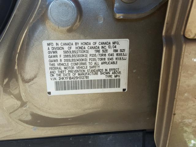 2HKYF18425H513761 - 2005 HONDA PILOT EX GOLD photo 10