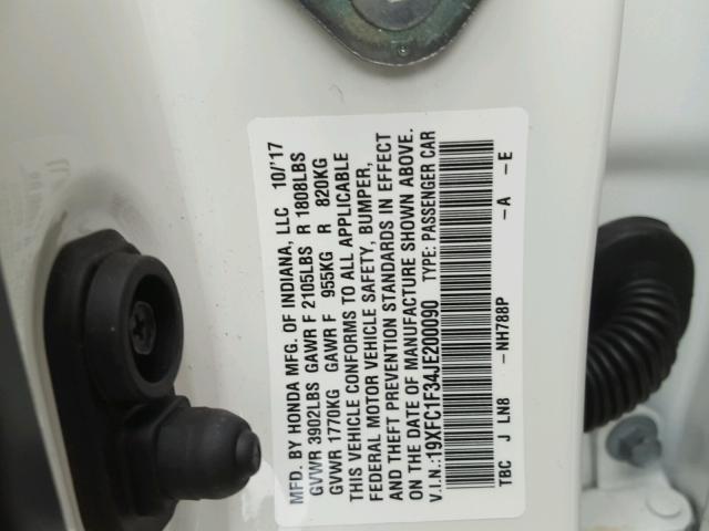 19XFC1F34JE200090 - 2018 HONDA CIVIC EX თეთრი ფოტო 10