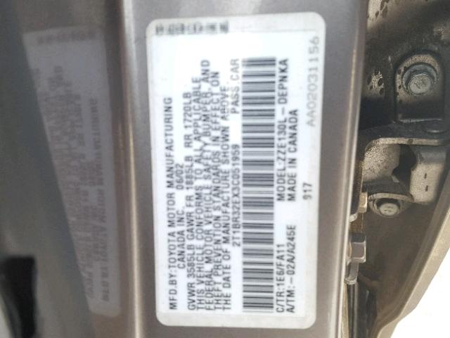 2T1BR32EX3C051959 - 2003 TOYOTA COROLLA CE GRAY photo 10