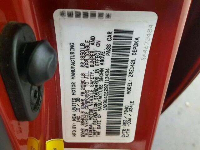 1NXBU40E29Z113434 - 2009 TOYOTA COROLLA BA RED photo 10