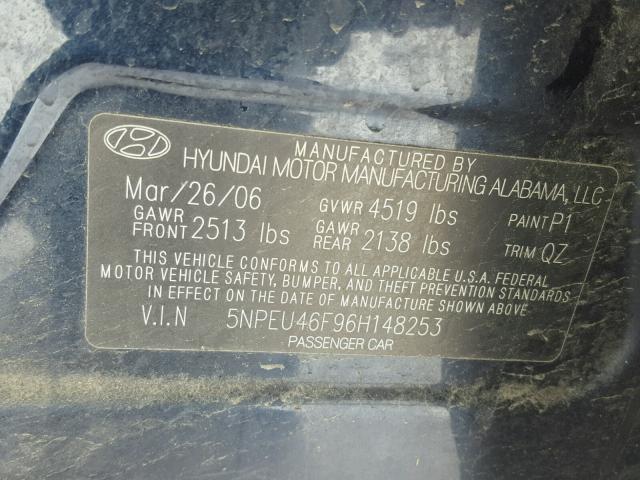 5NPEU46F96H148253 - 2006 HYUNDAI SONATA GLS BLACK photo 10