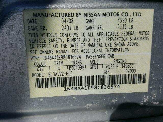 1N4BA41E98C836574 - 2008 NISSAN MAXIMA SE SILVER photo 10